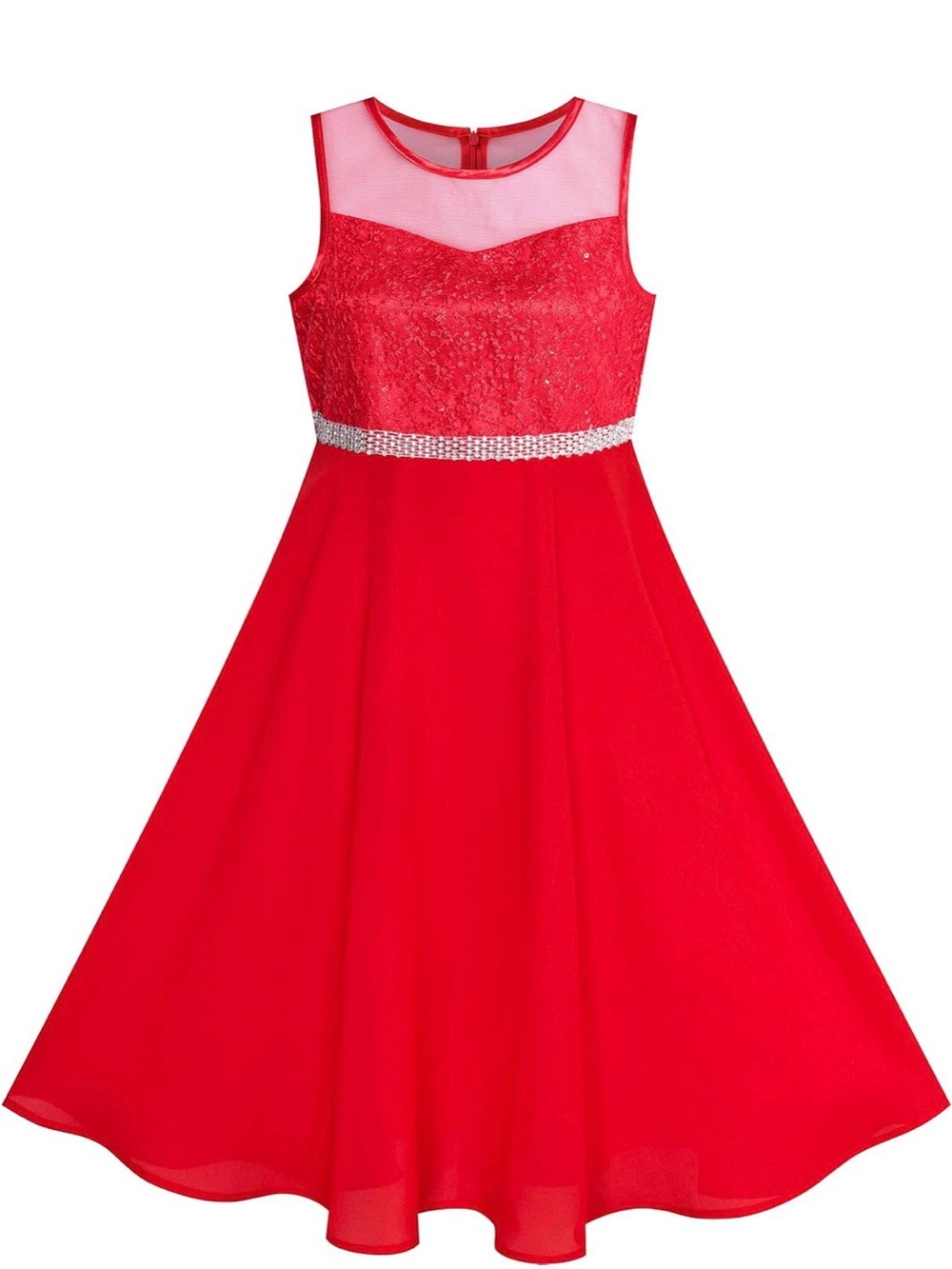 Girls' Red Lace Bodice A-Line Dress with Rhinestone Waist - Picture 2 of 6